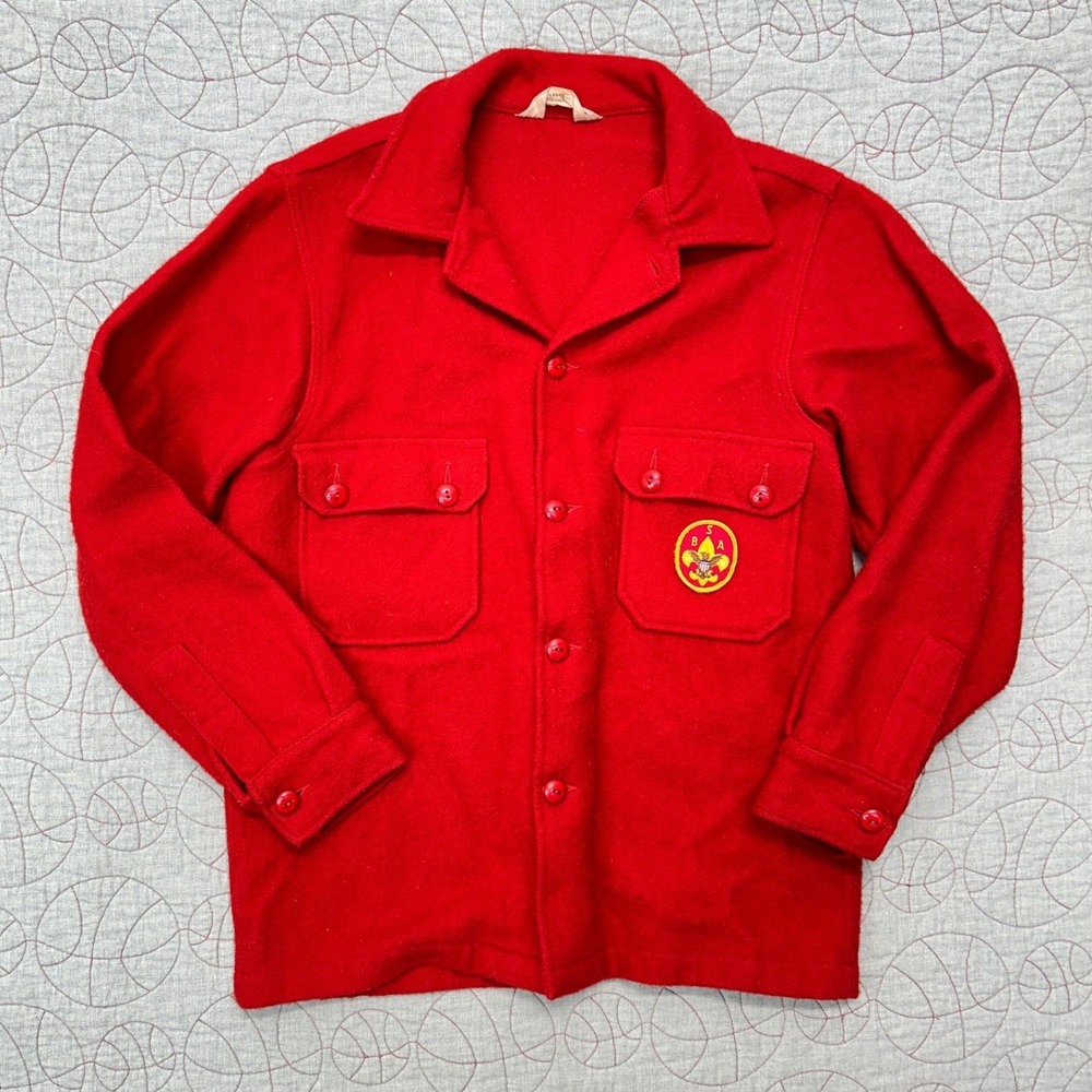 VTG 60s-70s Boy Scouts of America Jac-Shirt Red Wool Blend Button Men's 44 Large